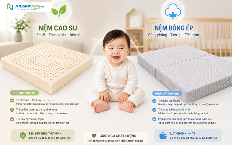 Sự khác biệt giữa nệm cao su và nệm bông cho trẻ nhỏ 